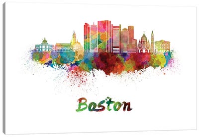 Boston Skyline In Watercolor II Canvas Art Print - Massachusetts Art