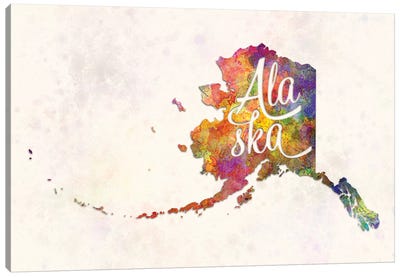 Alaska US State In Watercolor Text Cut Out Canvas Art Print - Alaska Art