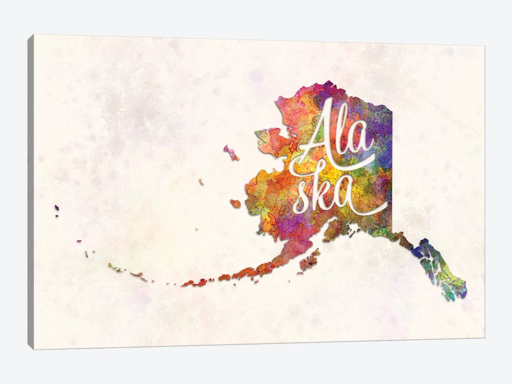 Alaska US State In Watercolor Text Cut Out by Paul Rommer 1-piece Art Print