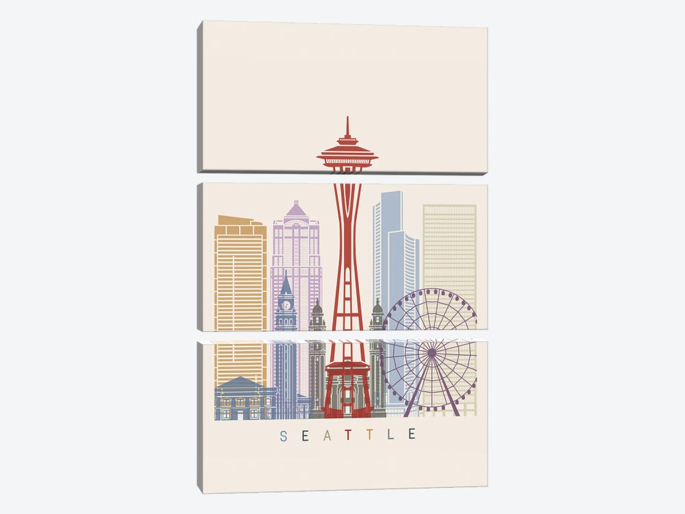 Seattle Skyline Poster by Paul Rommer 3-piece Canvas Wall Art