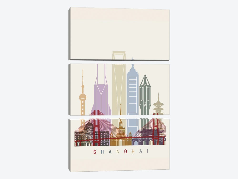 Shanghai II Skyline Poster by Paul Rommer 3-piece Canvas Artwork