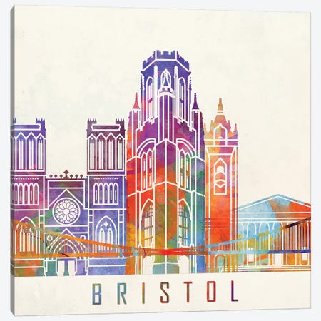 Bristol Landmarks Watercolor Poster Canvas Print #PUR113} by Paul Rommer Canvas Artwork