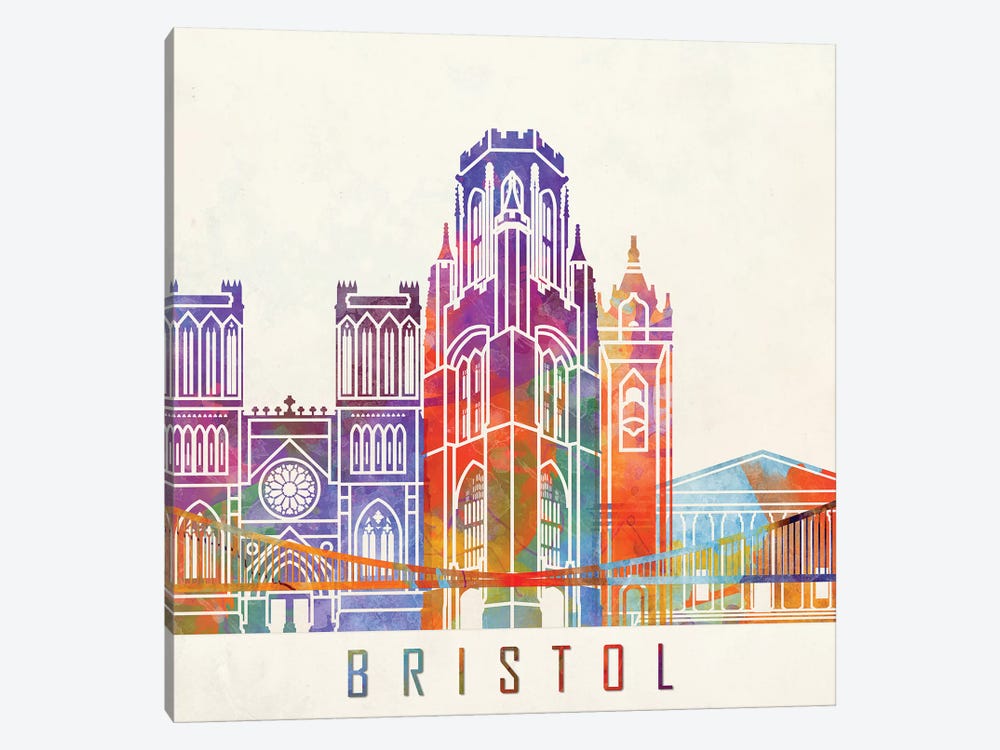 Bristol Landmarks Watercolor Poster by Paul Rommer 1-piece Canvas Artwork
