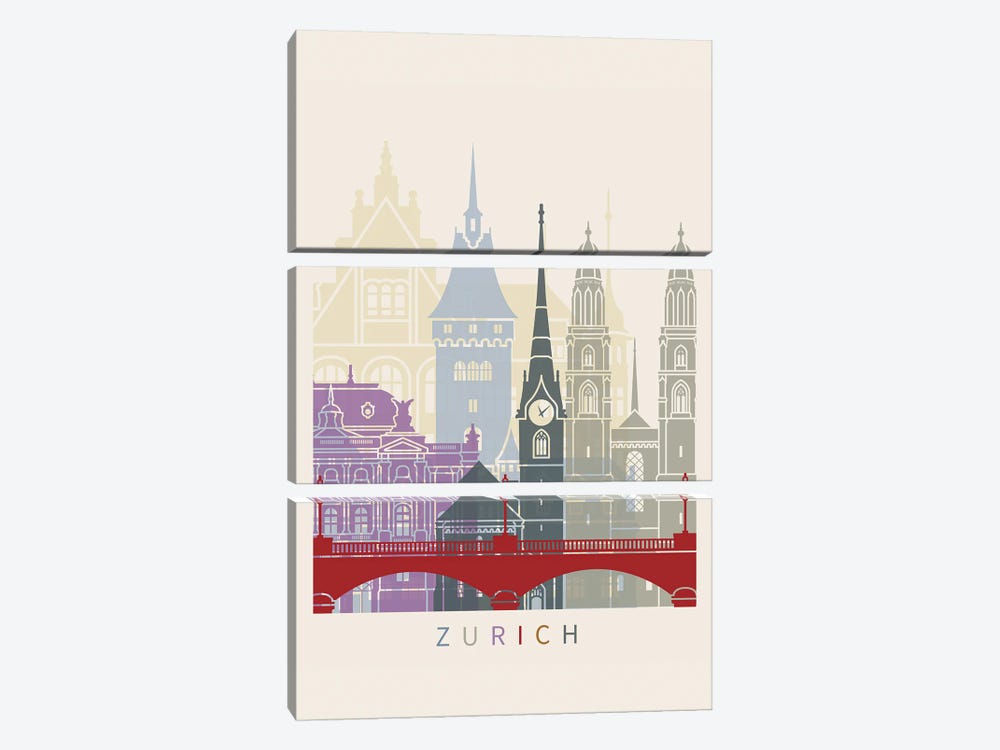 Zurich Skyline Poster by Paul Rommer 3-piece Canvas Artwork