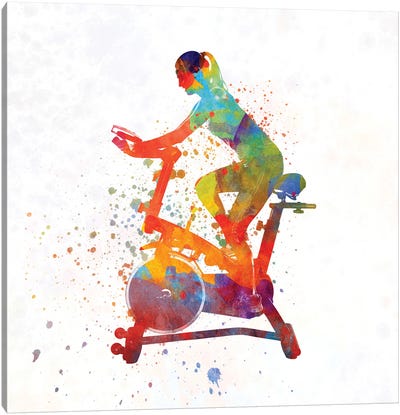 Woman Riding An Exercise Spin Bike In The Gym Canvas Art Print - Portrait Art