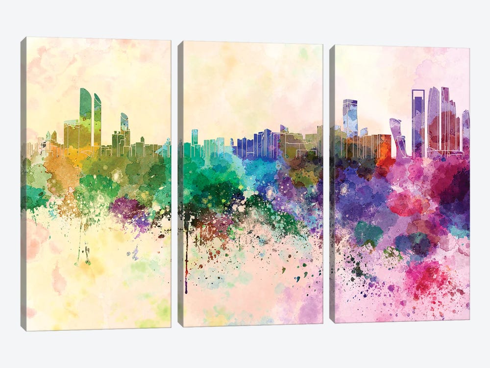 Abu Dhabi Skyline In Watercolor Background by Paul Rommer 3-piece Canvas Print