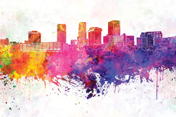 Ohio: Akron Skyline In Watercolor Background by Paul Rommer
