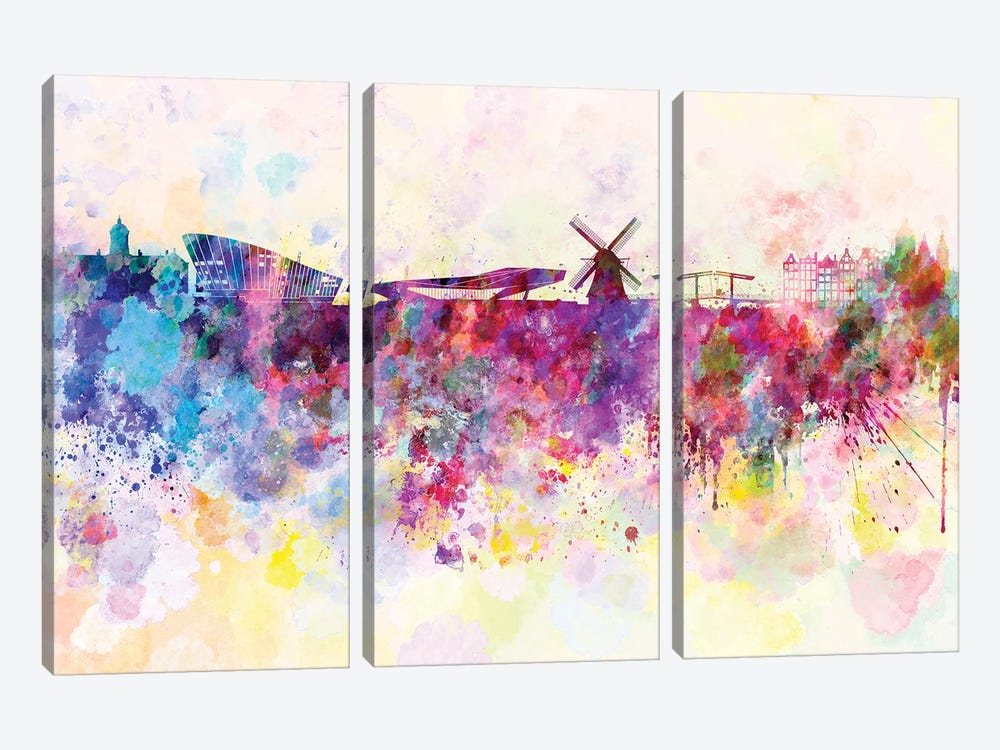 Amsterdam Skyline In Watercolor Background by Paul Rommer 3-piece Canvas Print