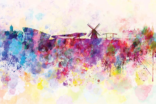 Amsterdam: Amsterdam Skyline In Watercolor Background by Paul Rommer