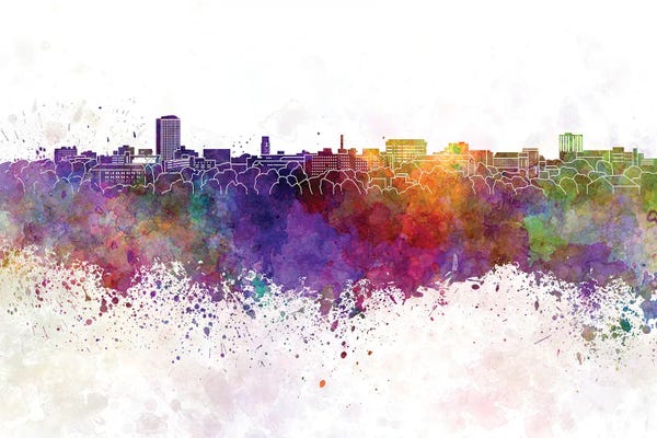 Ann Arbor: Ann Arbor Skyline In Watercolor Background by Paul Rommer