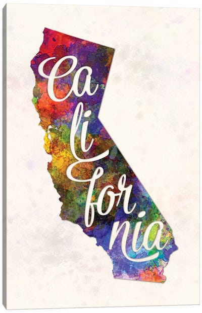 California US State In Watercolor Text Cut Out Canvas Art Print - State Maps