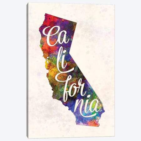 California US State In Watercolor Text Cut Out Canvas Print #PUR127} by Paul Rommer Canvas Wall Art