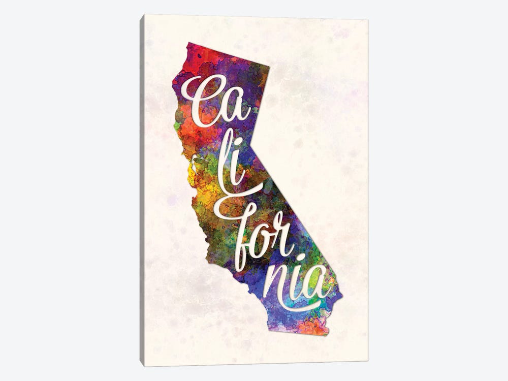 California US State In Watercolor Text Cut Out by Paul Rommer 1-piece Art Print