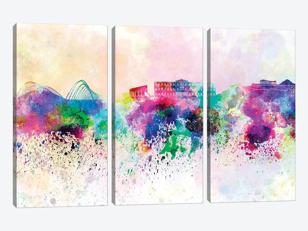 Athens Skyline In Watercolor Background by Paul Rommer 3-piece Canvas Art Print