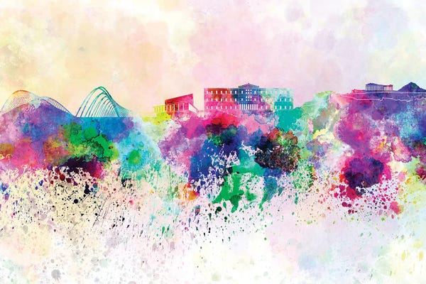 Athens: Athens Skyline In Watercolor Background by Paul Rommer