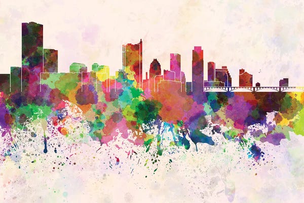 Canvas Print: Austin Skyline In Watercolor Background by Paul Rommer