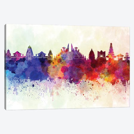 Bali Skyline In Watercolor Background Canvas Print #PUR1294} by Paul Rommer Canvas Artwork