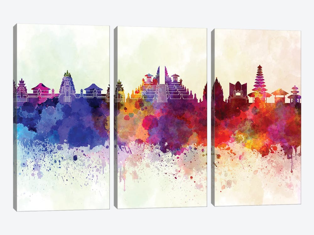Bali Skyline In Watercolor Background by Paul Rommer 3-piece Canvas Wall Art