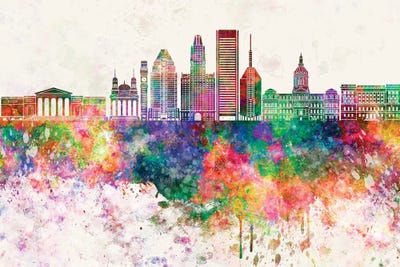 Baltimore V2 Skyline In Watercolor Background by Paul Rommer framed wall art
