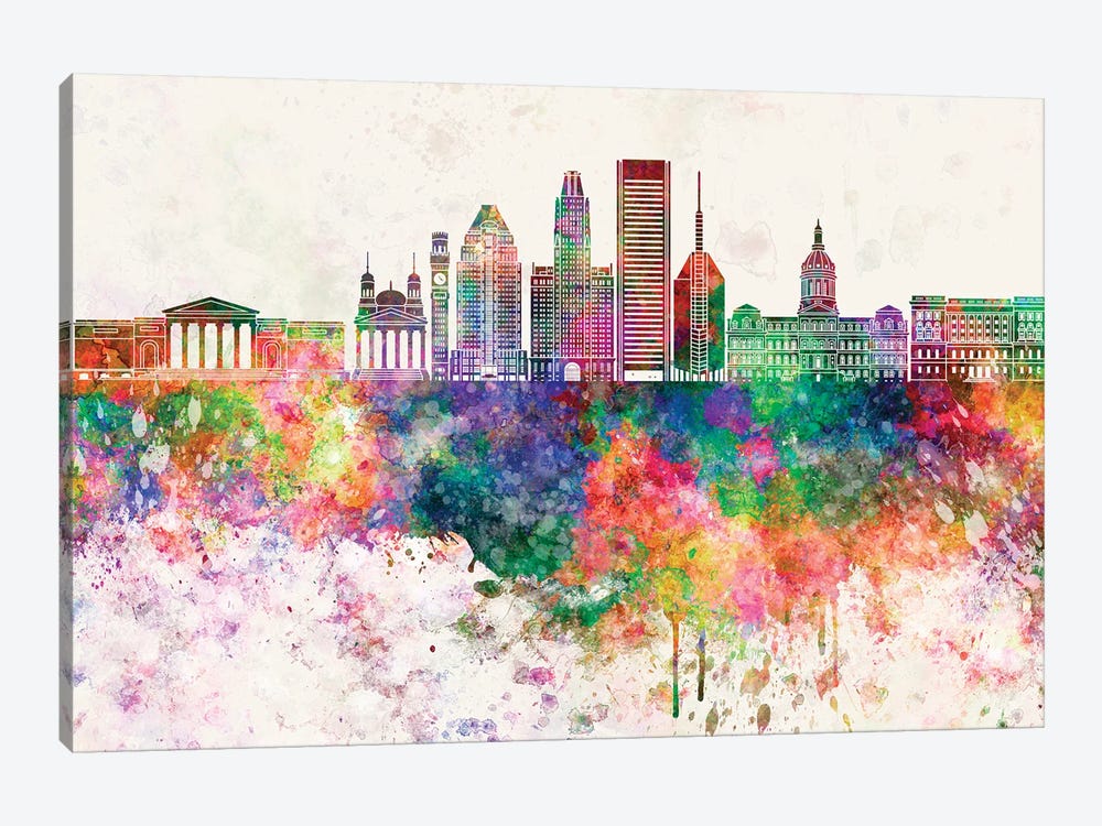 Baltimore V2 Skyline In Watercolor Background by Paul Rommer 1-piece Canvas Artwork