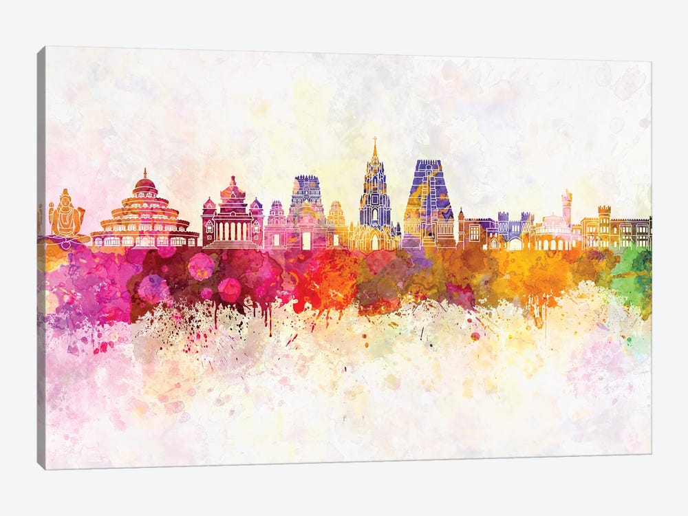 Bangalore Skyline In Watercolor Background by Paul Rommer 1-piece Canvas Print