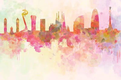 Barcelona Skyline In Watercolour Background by Paul Rommer art print