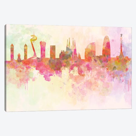 Barcelona Skyline In Watercolour Background Canvas Print #PUR1299} by Paul Rommer Canvas Art Print