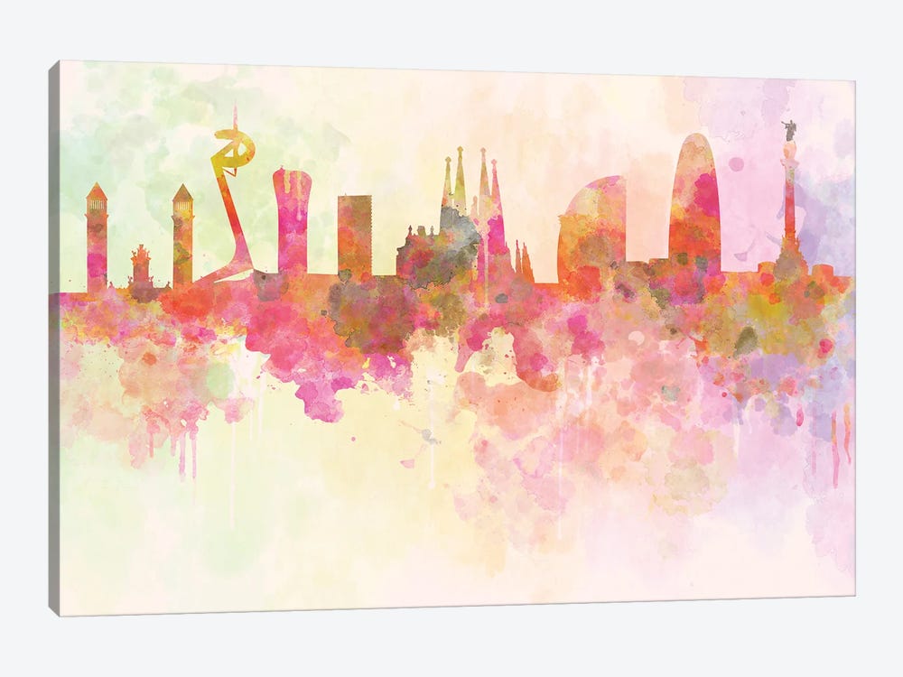 Barcelona Skyline In Watercolour Background by Paul Rommer 1-piece Canvas Print