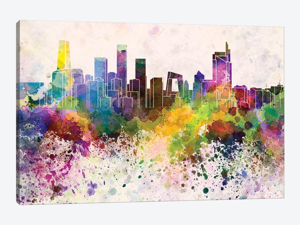 Beijing Skyline In Watercolor Background by Paul Rommer 1-piece Canvas Print