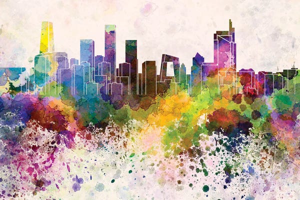 Beijing: Beijing Skyline In Watercolor Background by Paul Rommer