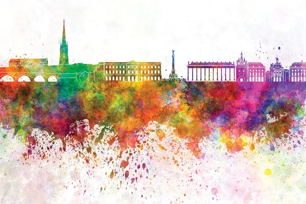 Nouvelle-Aquitaine: Bordeaux Skyline In Watercolor Background by Paul Rommer