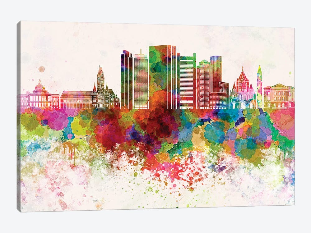 Boston V2 Skyline In Watercolor Background by Paul Rommer 1-piece Canvas Wall Art