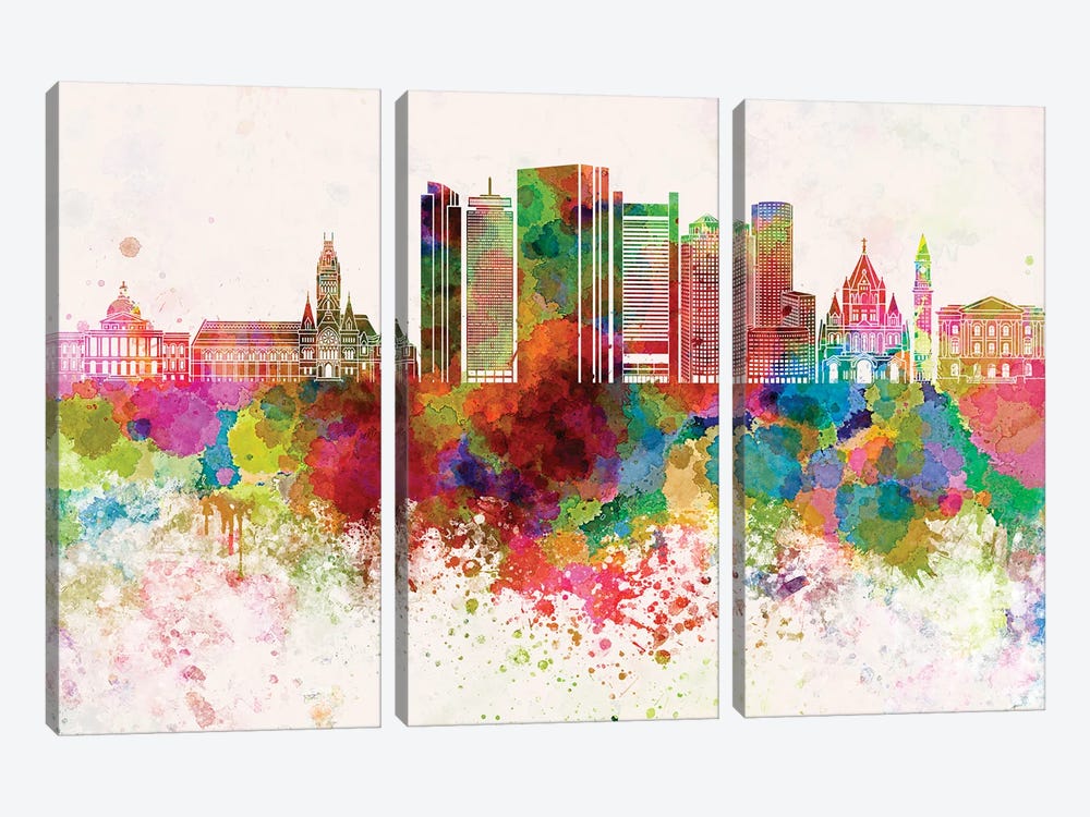 Boston V2 Skyline In Watercolor Background by Paul Rommer 3-piece Canvas Art