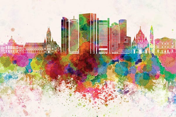Massachusetts: Boston V2 Skyline In Watercolor Background by Paul Rommer