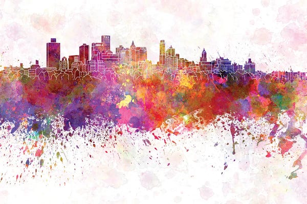 Brooklyn: Brooklyn Skyline In Watercolor Background by Paul Rommer