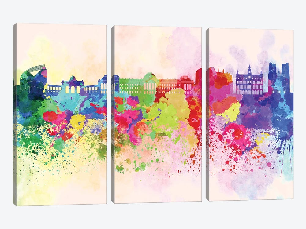 Brussels Skyline In Watercolor Background by Paul Rommer 3-piece Canvas Art