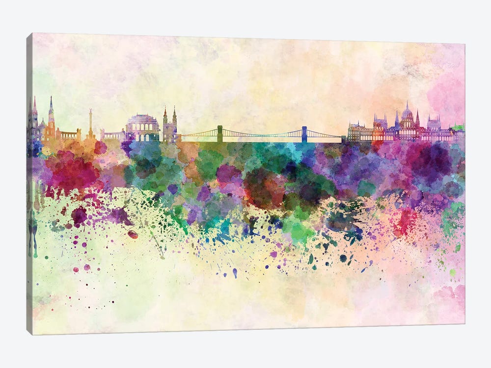 Budapest Skyline In Watercolor Background by Paul Rommer 1-piece Canvas Art