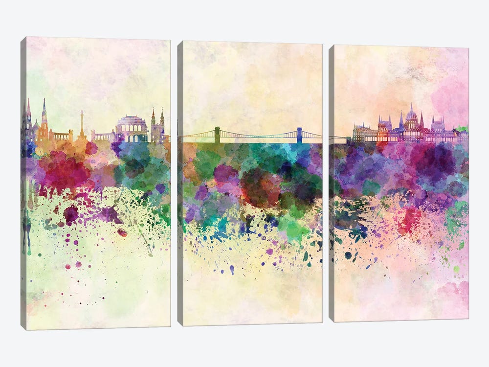 Budapest Skyline In Watercolor Background by Paul Rommer 3-piece Canvas Wall Art