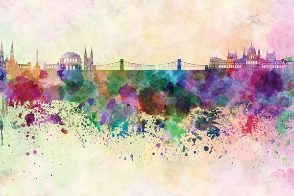 Hungary: Budapest Skyline In Watercolor Background by Paul Rommer