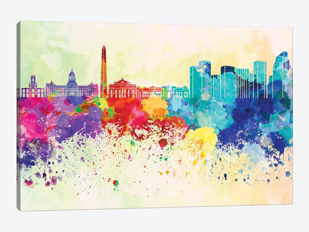 Buenos Aires Skyline In Watercolor Background by Paul Rommer 1-piece Canvas Art