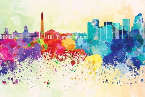 Buenos Aires: Buenos Aires Skyline In Watercolor Background by Paul Rommer