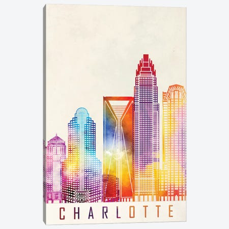 Charlotte Landmarks Watercolor Poster Canvas Print #PUR134} by Paul Rommer Canvas Art Print