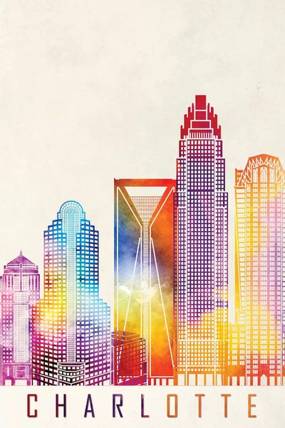 Paul Rommer: Charlotte Landmarks Watercolor Poster by Paul Rommer