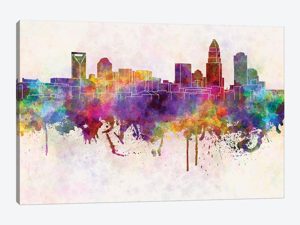 Charlotte Skyline In Watercolor Background by Paul Rommer 1-piece Canvas Artwork