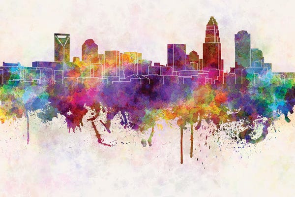 North Carolina: Charlotte Skyline In Watercolor Background by Paul Rommer