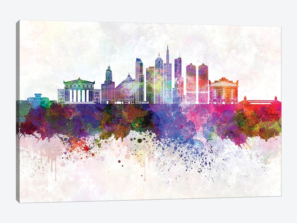 Chicago II Skyline In Watercolor Background by Paul Rommer 1-piece Canvas Art Print