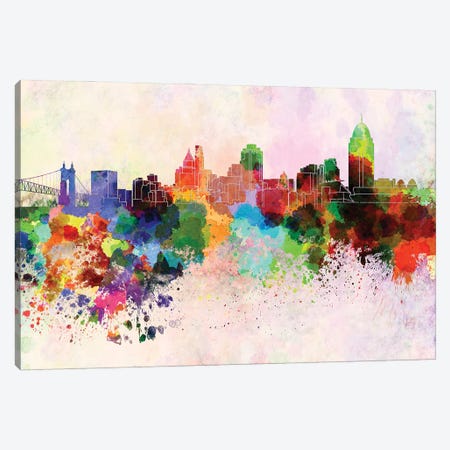 Cincinnati Skyline In Watercolor Background Canvas Print #PUR1365} by Paul Rommer Canvas Artwork