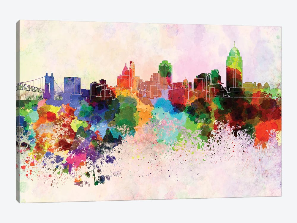 Cincinnati Skyline In Watercolor Background by Paul Rommer 1-piece Art Print