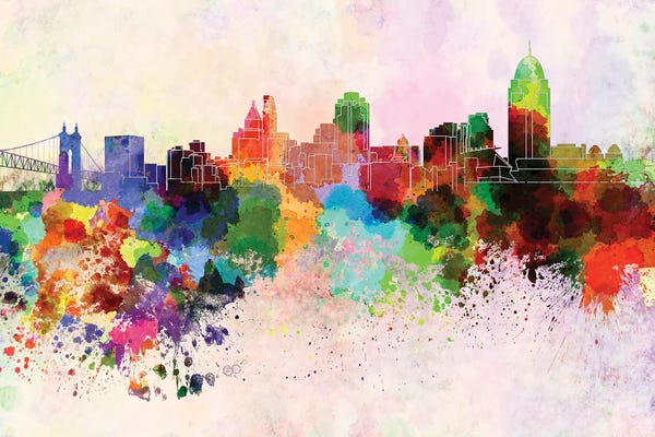Paul Rommer: Cincinnati Skyline In Watercolor Background by Paul Rommer