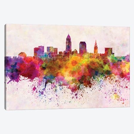 Cleveland Skyline In Watercolor Background Canvas Print #PUR1366} by Paul Rommer Canvas Artwork